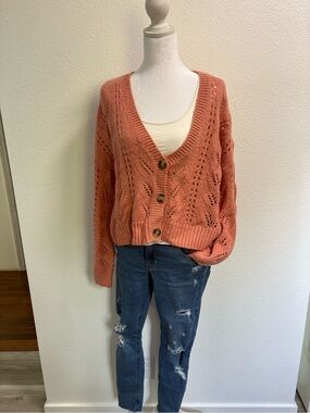 American Eagle Outfitters Coral Open-Knit V-Neck Cardigan